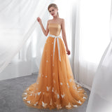 Elegant Strapless Butterfly Appliques Satin Court Train Prom Dress With Belt WH22654