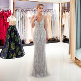 Elegant Mermaid Deep V-Neck Sleeveless Sequins Beading Tulle Sweep Train Prom Dress Party Dress WH75681