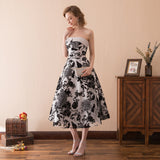 Vintage A Line Strapless Tea Length Satin Homecoming Dress With Embroidery Flowers WH16622