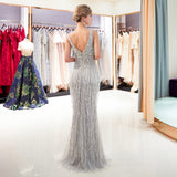 Elegant Mermaid Deep V-Neck Sleeveless Sequins Beading Tulle Sweep Train Prom Dress Party Dress WH75681