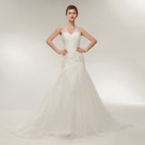 Sheath V-Neck Ivory Tulle Court Train Wedding Dress With Sequins WH30632