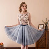 Cute Embroidery Flowers Tulle Knee Length Homecoming Dress With Belt WH14619