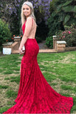 Mermaid Red Lace Backless V Neck Long Prom Dresses,Cheap Evening Dresses PW726