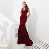 Mermaid V-Neck Beads Sleeveless Burgundy Tulle Prom Dress WH70303