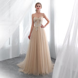 A Line Strapless Appliques Tulle Sweep Train Prom Dress WH22655