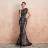 Gorgeous Mermaid Cap Sleeves Beading Tulle Sweep Train Prom Dress WH99356
