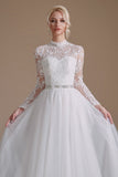 A Line Lace Appliques Long Sleeve Tulle Chapel Train Wedding Dress