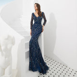 Mermaid V-Neck Long Sleeve Sequins Navy Blue Tulle Prom Dress With Sequins WH91693
