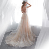 A Line See-through Lace Court Train Prom Dress WH33668