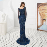 Mermaid V-Neck Long Sleeve Sequins Navy Blue Tulle Prom Dress With Sequins WH91693