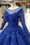Elegant Royal Blue Long Sleeves Appliques Ball Gown Lace up Puffy Quinceanera Dresses P1136