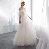 A Line Off The Shoulder Short Sleeves Court Train Wedding Dress WH22662