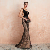 Gorgeous Mermaid Deep V-Neck Sleeveless Sequins Tulle Sweep Train Prom Dress WH37358