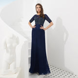 Unique Column Half Sleeve Beading Navy Blue Lace Prom Dress WH43305