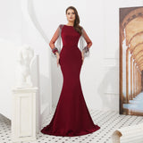 Gorgeous Mermaid Long Sleeves Beading Burgundy Satin Prom Dress WH49306