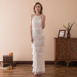 Unique Ivory Tassels Sleeveless Floor length Prom Dress WH20610