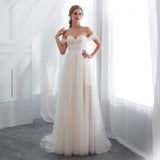 Elegant A Line Off The Shoulder Appliques Sweep Train Wedding Dress WH22664