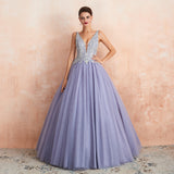 Ball Gown V-Neck Sleeveless Appliques Tulle Floor Length Prom Dress WH44361