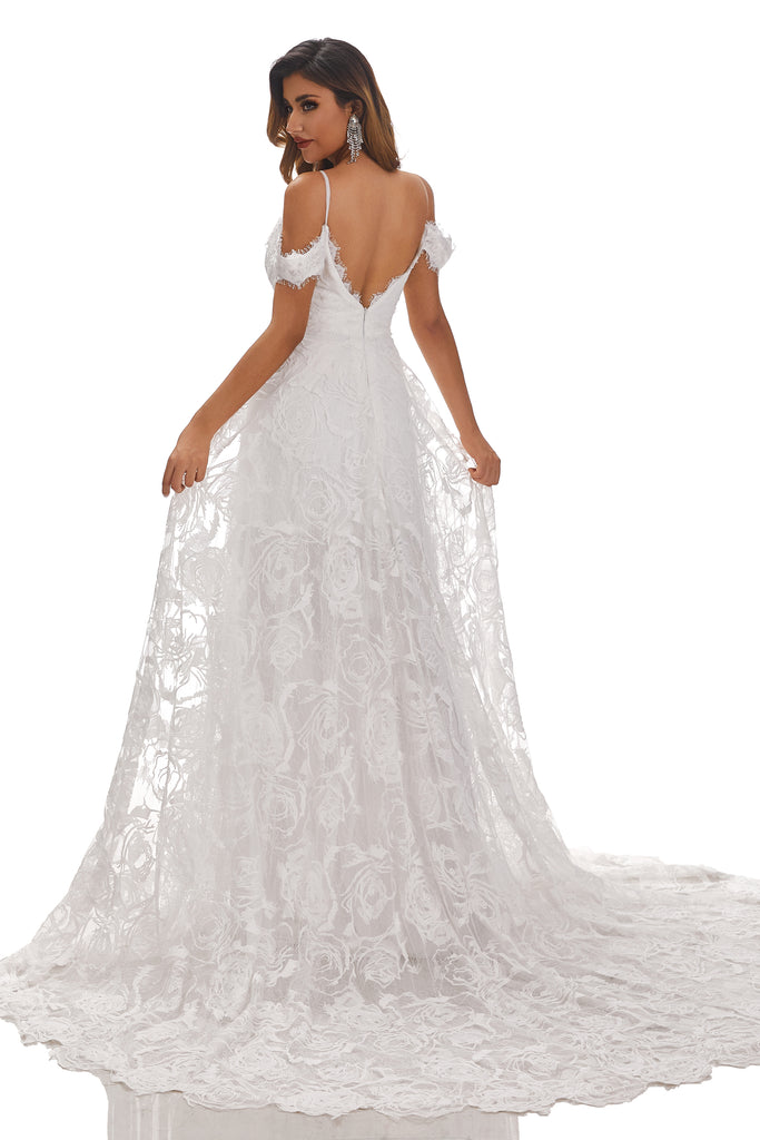A Line Sleeveless Spaghetti Strap Lace Open Back Chapel Trailing Wedding Dresses