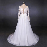 Long Sleeves White A Line Tulle Beach Wedding Dress with Lace Appliques Bridal Dress W1140