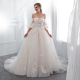 Gorgeous Off The Shoulder Appliques Court Train Wedding Dress With Flowers WH43657