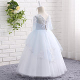 A Line Round Neck Half Sleeve Appliques Tulle Flower Girl Dress WH18804