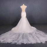 Charming Mermaid Tulle V-Neck Wedding Dress Sheer Back Long Bridal Dress W1150