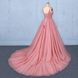 Ball Gown V-Neck Tulle Prom Dress with Beads Puffy Pink Sleeveless Quinceanera Dress P1251