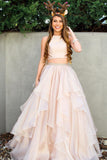 Two Piece A-line High Neck Beads Organza Long Sparkly Chic Evening Prom Dresses UK PH474
