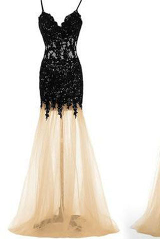 Unique Sexy Mermaid Black Lace Spaghetti Straps Tulle Prom Dress