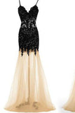 Unique Sexy Mermaid Black Lace Spaghetti Straps Tulle Prom Dress