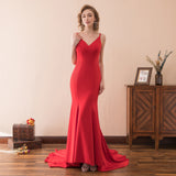 Gorgeous Mermaid V-Neck Spaghetti Straps Red Satin Prom Dress WH26620