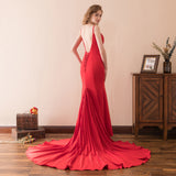 Gorgeous Mermaid V-Neck Spaghetti Straps Red Satin Prom Dress WH26620