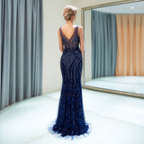Mermaid V-Neck Sleeveless Sequins Beading Tulle Sweep Train Prom Dress Party Dress WH82691