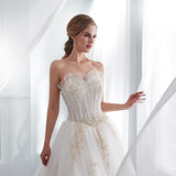 Stunning A Line Strapless Appliques Ivory Lace Wedding Dress With Gold Followers WH50666