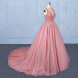 Ball Gown V-Neck Tulle Prom Dress with Beads Puffy Pink Sleeveless Quinceanera Dress P1251