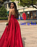 Blue Satin A Line V-Neck High Slit Pockets Long Prom Formal Dress