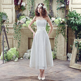 Chic A Line Strapless Appliques Lace Tea Length Prom Dresses WH28268