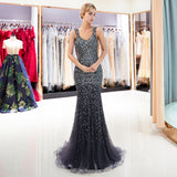 Mermaid V-Neck Sleeveless Beading Sweep Train Prom Dress Party Dress WH94687