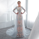Elegant A Line Long Sleeve Lace Court Train Prom Dress With Flowers WH26652
