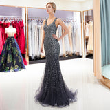 Mermaid V-Neck Sleeveless Beading Sweep Train Prom Dress Party Dress WH94687