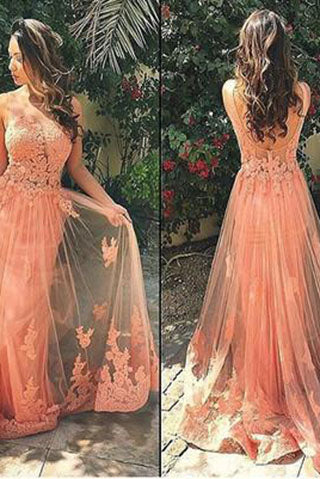 Charming Coral Lace Open Back Long Prom Dress