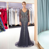 Mermaid V-Neck Long Sleeves Sequins Beading Sweep Train Prom Dress Party Dress WH90692