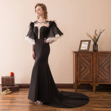 Gorgeous Mermaid See-through Feathers Black Satin Court Train Prom Dress WH26614