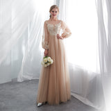 Fashion A Line Long Sleeves Appliques Floor Length Tulle Prom Dresses Wedding Dresses WH22658