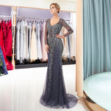 Mermaid V-Neck Long Sleeves Sequins Beading Sweep Train Prom Dress Party Dress WH90692