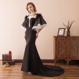 Gorgeous Mermaid See-through Feathers Black Satin Court Train Prom Dress WH26614