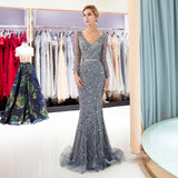 Fashion Mermaid V-Neck Long Sleeves Sequins Sweep Train Prom Dress Party Dress WH91693