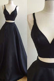 Two Pieces Simple Black Satins V-Neck A Line Long Prom Dress