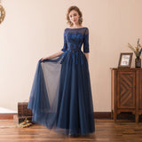 A Line Half Sleeve Beading Navy Blue Tulle Prom Dress Sequins Party Dress WH26617